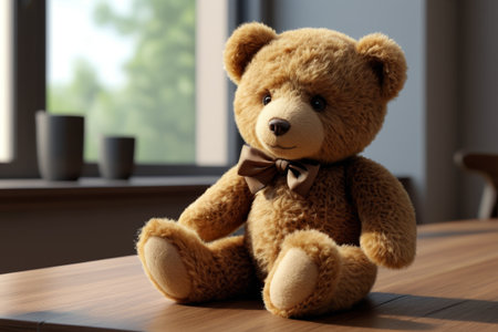There was a teddy bear with a bow tie sitting on the tableの素材