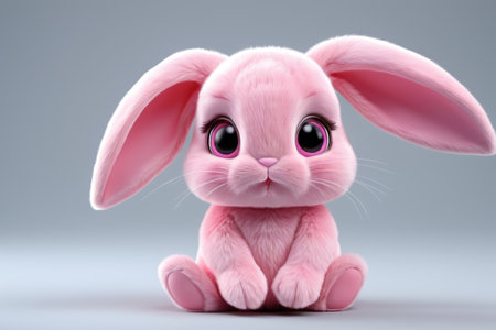 Close-up of a pink rabbit with big eyes sitting on a gray backgroundの素材