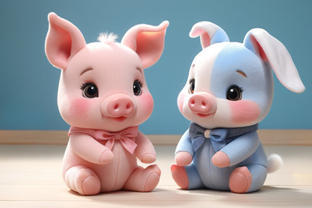 There are two small stuffed animals sitting togetherの素材