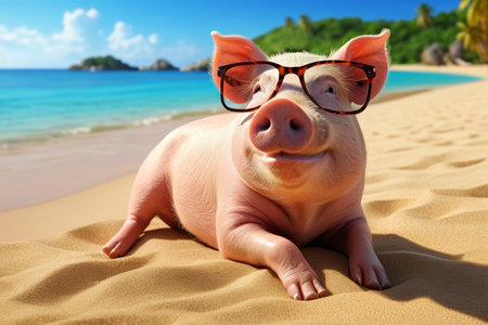 A pig with glasses lies on the sandの素材