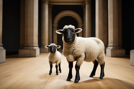 There are two sheep standing in a room with pillarsの素材