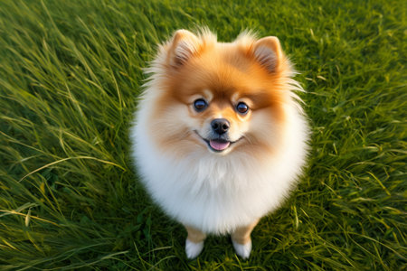 The dog sits on the grass and looks up at the cameraの素材