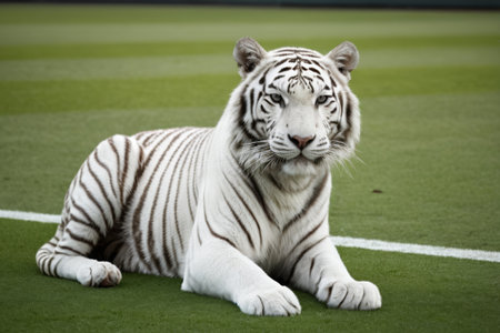 A white tiger lies on the grassの素材
