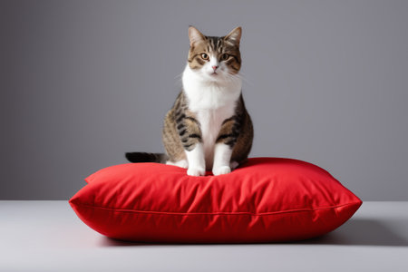 A cat sitting on a red pillow on a tableの素材