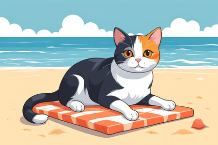 Cartoon cat sitting on towel on beach by the seaの素材