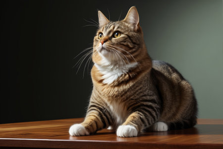 A cat sitting on a table looking upの素材