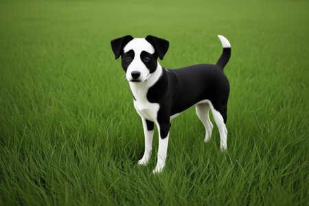 A black and white dog standing on the grassの素材