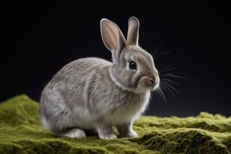 A little rabbit sitting on a green blanketの素材