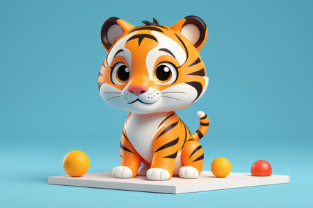 A small tiger statue sits on a platform with a ballの素材