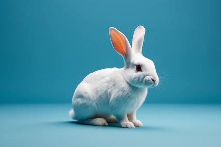 A white rabbit with orange ears sits on a blue backgroundの素材