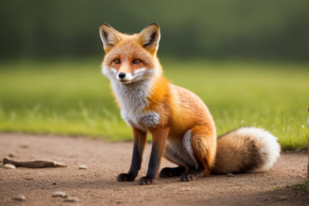 A fox sitting on the ground in the dirtの素材