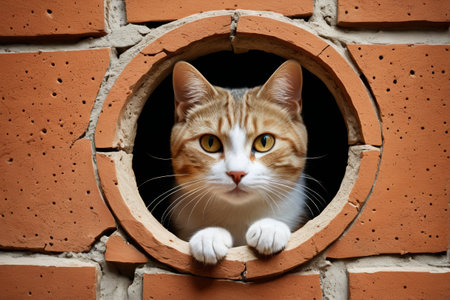 A cat is looking through a hole in a brick wallの素材