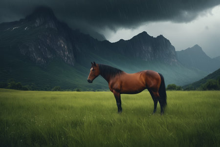 A horse standing in a field in the mountainsの素材