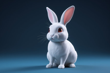 Close-up of a white rabbit with red eyes sitting on a blue backgroundの素材