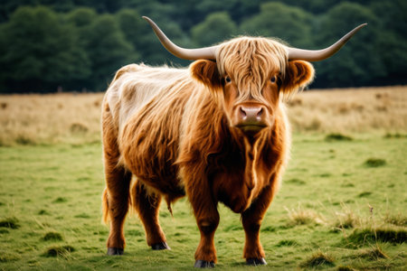 A brown cow with long horns stands in the fieldの素材