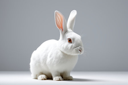 A white rabbit with a pink nose sits on the tableの素材
