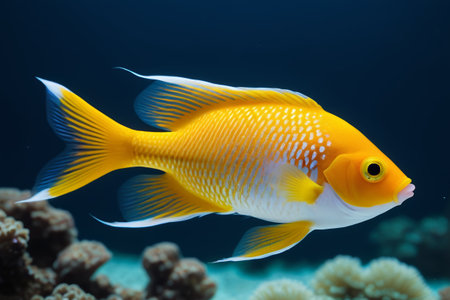 Yellow ornamental fish swimming in the waterの素材