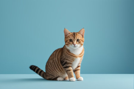 Striped pet cat in front of blue backgroundの素材