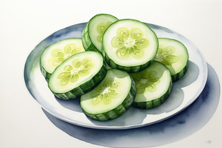Still life of a sliced cucumber on a plateの素材