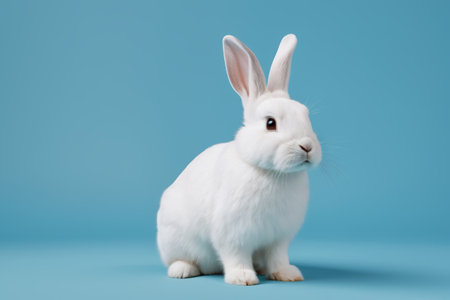 White pet rabbit on blue backgroundの素材