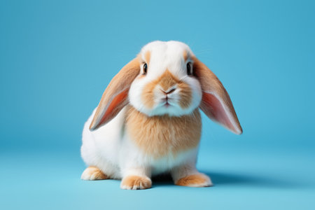 Cute lop-eared rabbit in front of a blue backgroundの素材