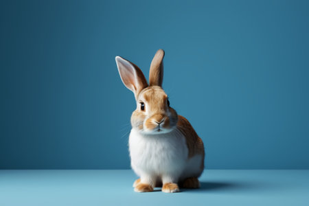 Cute pet bunny in front of blue backgroundの素材