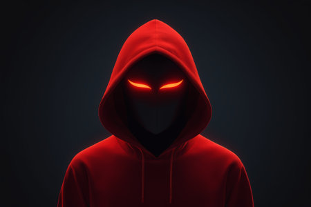 Figure wearing red hoodie with glowing maskの素材
