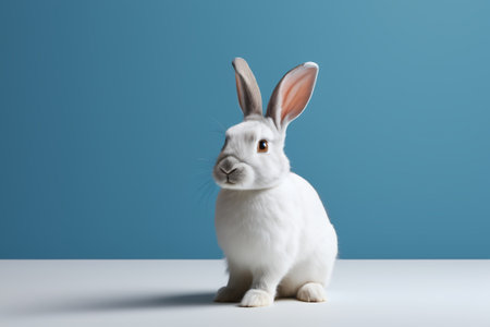 White rabbit sitting in front of blue backgroundの素材