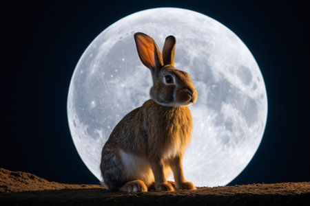 Rabbit sitting still under the moonの素材