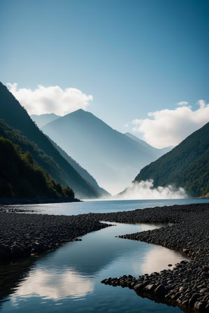 mountains are in the distance with a river running through itの素材