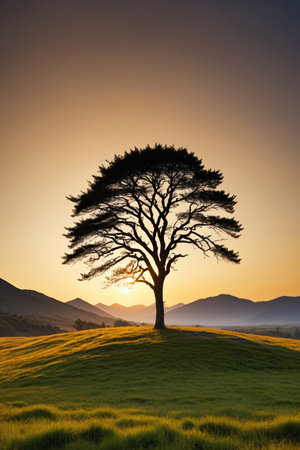 arafed tree on a grassy hill with mountains in the backgroundの素材
