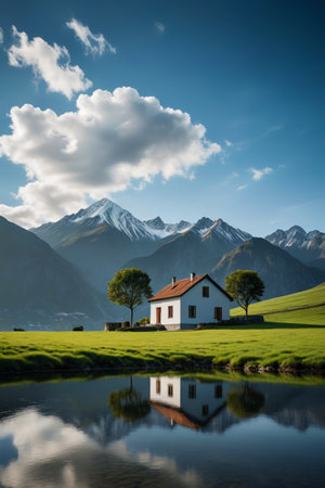 there is a small house in the middle of a field with a lakeの素材