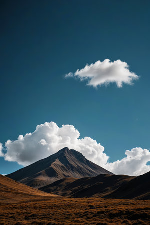there is a lone horse standing in a field with a mountain in the backgroundの素材