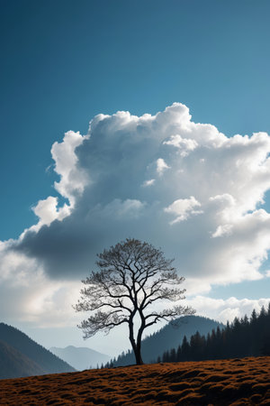 there is a lone tree on a hill with a sky backgroundの素材