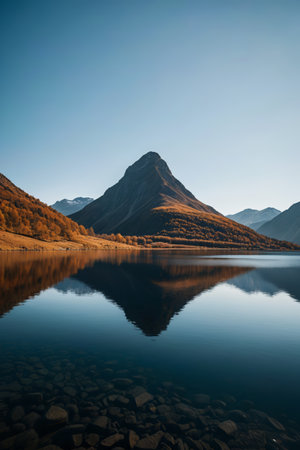 mountains are reflected in the still water of a lakeの素材