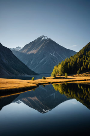 mountains reflected in a lake with a few trees in the foregroundの素材