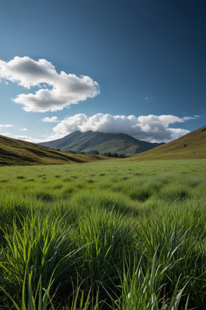 grassy field with mountains in the distance and a blue skyの素材