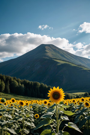 there is a field of sunflowers in front of a mountainの素材