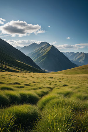 grassy field with mountains in the backgroundの素材