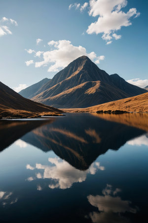 mountains reflected in a lake with a blue sky and cloudsの素材
