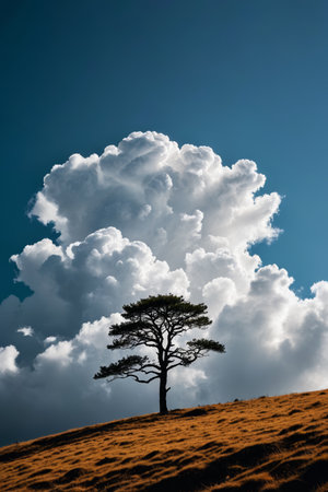 there is a lone tree on a hill with a cloudy skyの素材