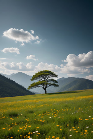 there is a lone tree in a field of flowers with mountains in the backgroundの素材