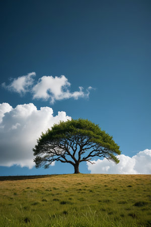there is a lone tree on a grassy hill with a blue skyの素材