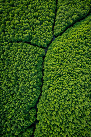 a close up of a green tree with a road in the middleの素材