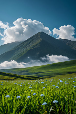 there is a large field of grass with a mountain in the backgroundの素材