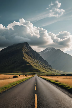 there is a long road going through a field with mountains in the backgroundの素材