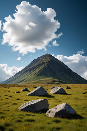 there are rocks in the grass near a mountain with a cloud in the skyの素材