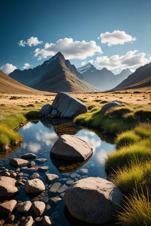 there is a stream running through a grassy field with rocksの素材