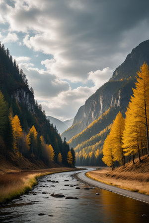 trees are in the foreground of a mountain valley with a river running through itの素材