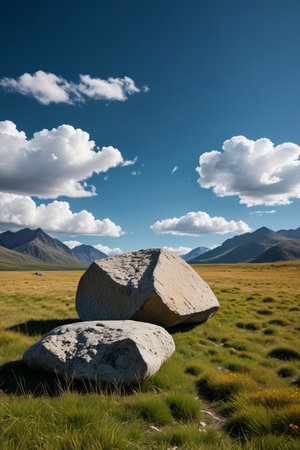 there are two large rocks sitting in the middle of a fieldの素材
